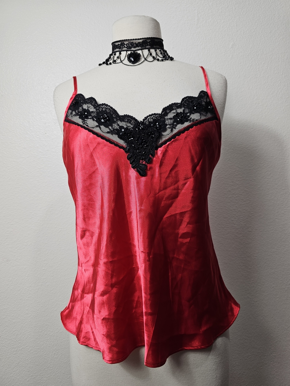 Red Satin Camisole with Black Lace Trim